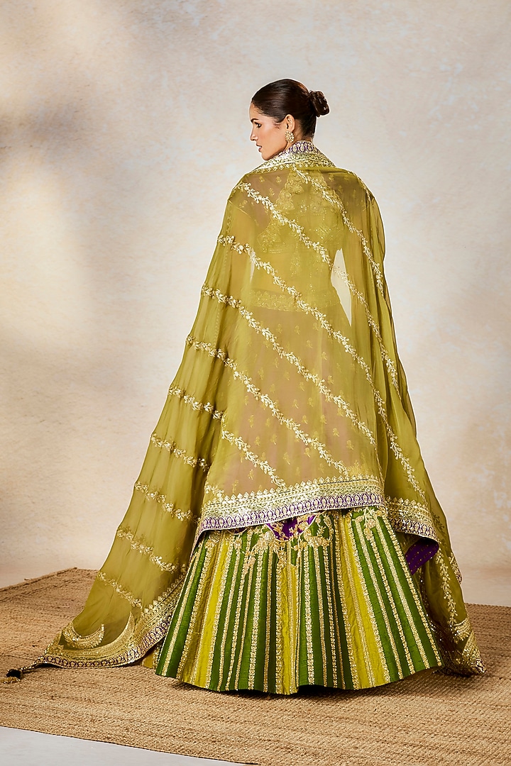 Purple & Lime Green Raw Silk Patchwork Bridal Lehenga Set by Masaba at Pernia's Pop Up Shop
