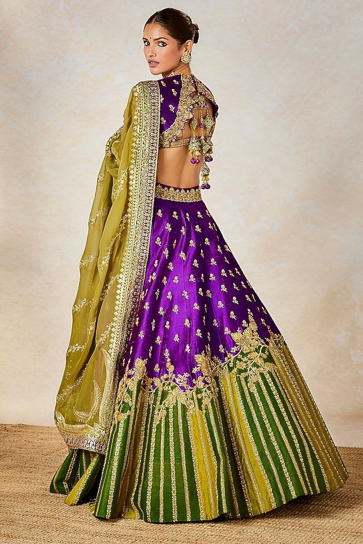 Purple & Lime Green Raw Silk Patchwork Bridal Lehenga Set by Masaba at Pernia's Pop Up Shop