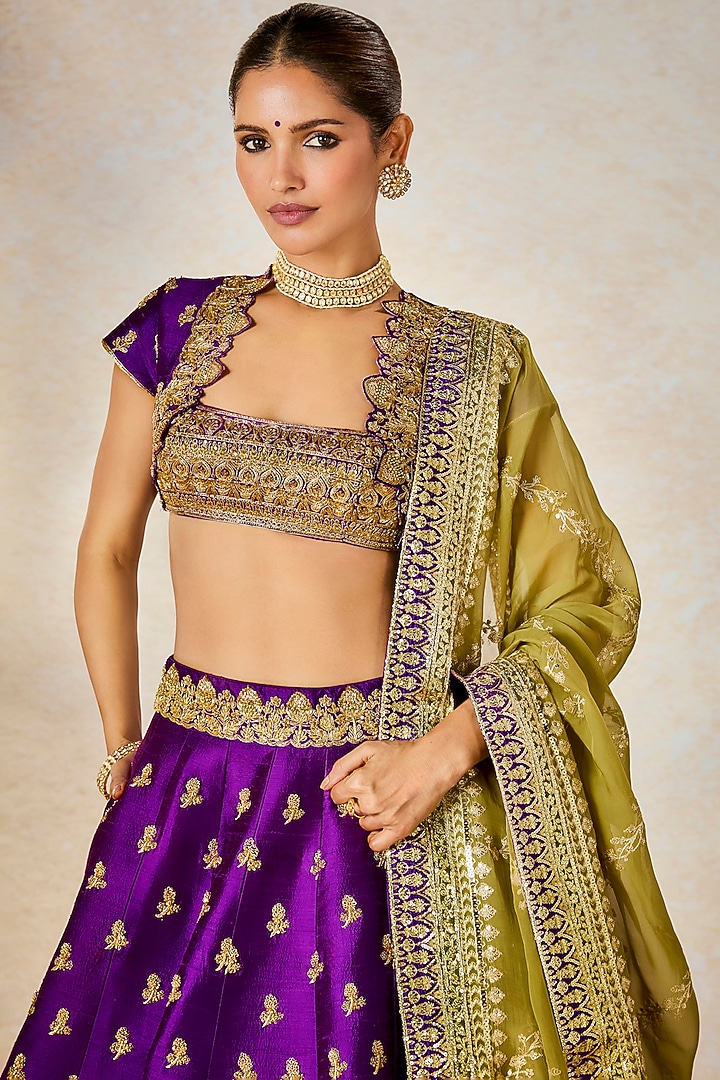 Purple & Lime Green Raw Silk Patchwork Bridal Lehenga Set by Masaba at Pernia's Pop Up Shop