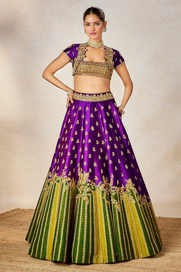 Purple & Lime Green Raw Silk Patchwork Bridal Lehenga Set by Masaba at Pernia's Pop Up Shop