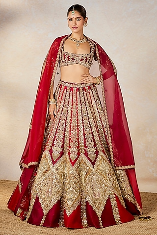 Wine Heavy Raw Silk Embroidered Lehenga Set by Masaba