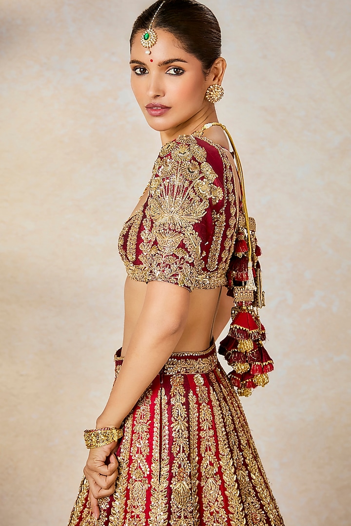 Wine Heavy Raw Silk Embroidered Bridal Lehenga Set by Masaba at Pernia's Pop Up Shop