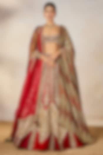 Wine Heavy Raw Silk Embroidered Bridal Lehenga Set by Masaba at Pernia's Pop Up Shop