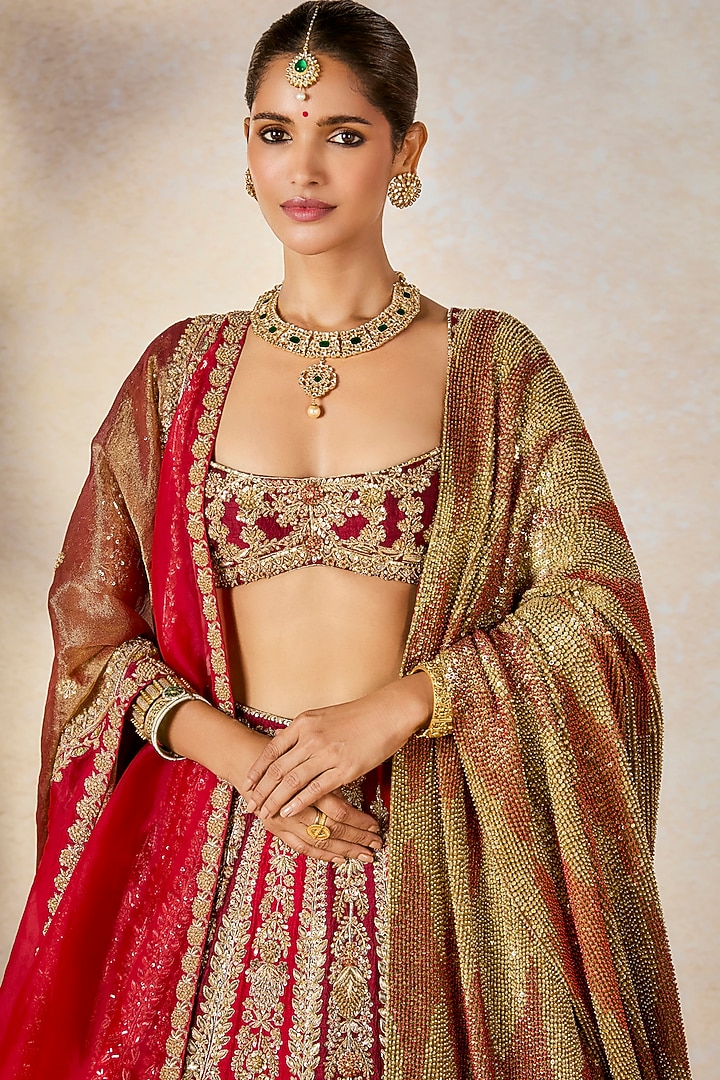 Wine Heavy Raw Silk Embroidered Bridal Lehenga Set by Masaba at Pernia's Pop Up Shop