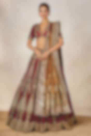 Wine Heavy Raw Silk Motif Embroidered Bridal Lehenga Set by Masaba at Pernia's Pop Up Shop