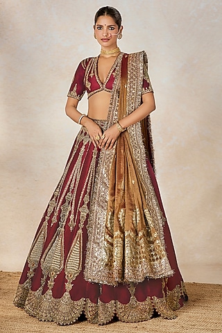 Wine Heavy Raw Silk Motif Embroidered Lehenga Set by Masaba