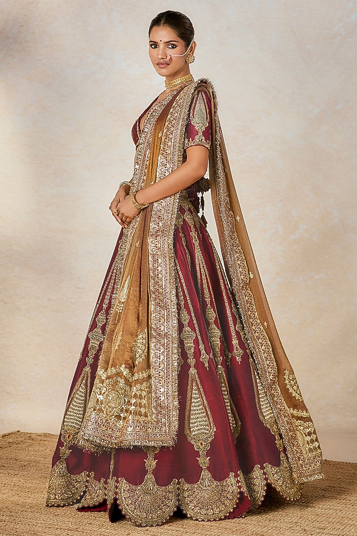 Wine Heavy Raw Silk Motif Embroidered Bridal Lehenga Set by Masaba at Pernia's Pop Up Shop