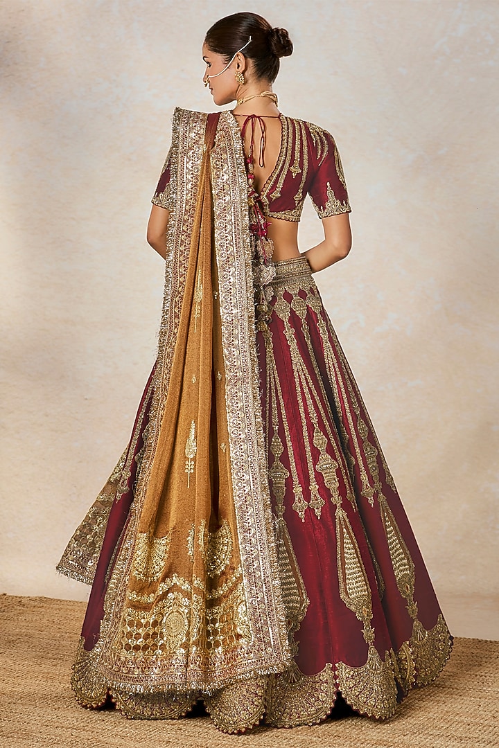Wine Heavy Raw Silk Motif Embroidered Bridal Lehenga Set by Masaba at Pernia's Pop Up Shop