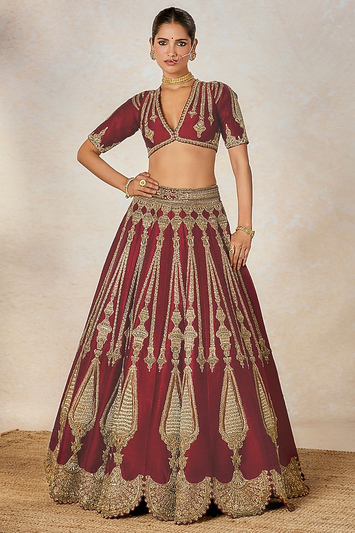 Wine Heavy Raw Silk Motif Embroidered Bridal Lehenga Set by Masaba at Pernia's Pop Up Shop