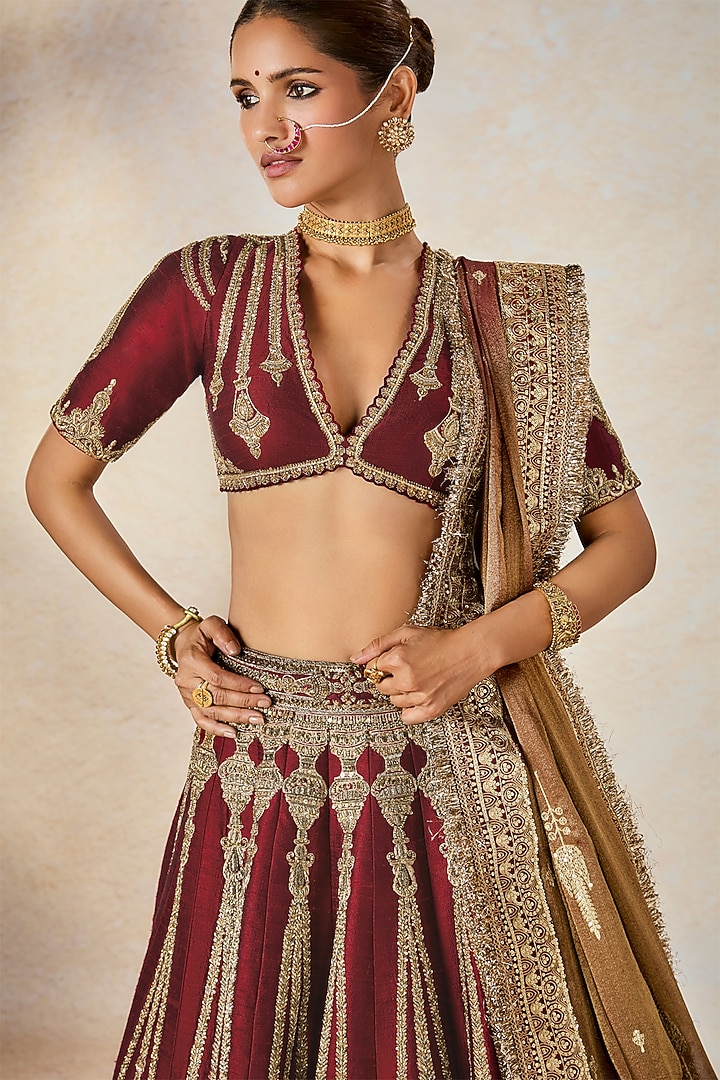 Wine Heavy Raw Silk Motif Embroidered Bridal Lehenga Set by Masaba at Pernia's Pop Up Shop