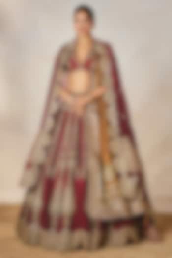 Wine Heavy Raw Silk Motif Embroidered Bridal Lehenga Set by Masaba at Pernia's Pop Up Shop
