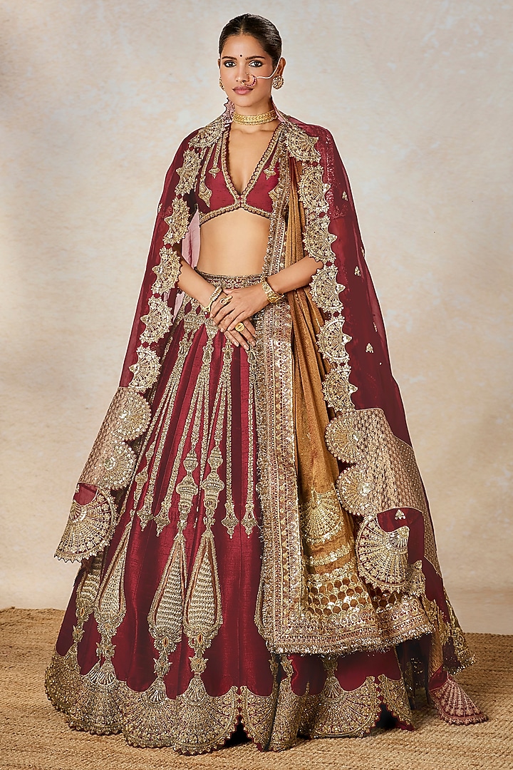 Wine Heavy Raw Silk Motif Embroidered Bridal Lehenga Set by Masaba at Pernia's Pop Up Shop