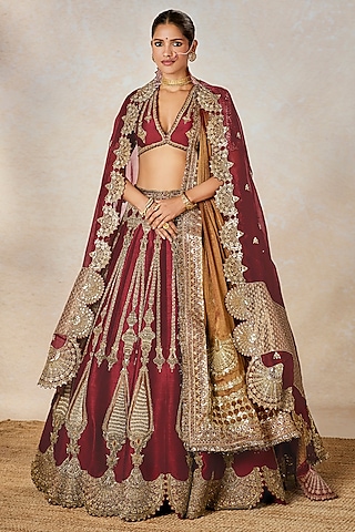 Wine Heavy Raw Silk Motif Embroidered Lehenga Set by Masaba