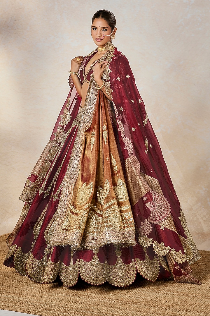 Wine Heavy Raw Silk Motif Embroidered Bridal Lehenga Set by Masaba at Pernia's Pop Up Shop