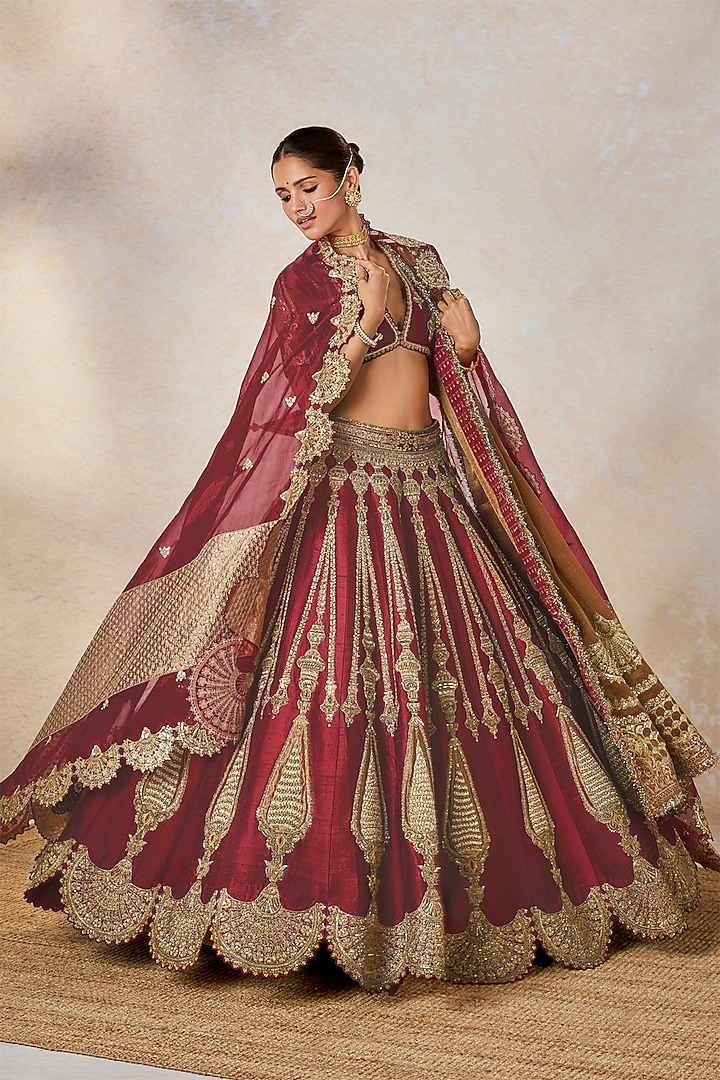 Wine Heavy Raw Silk Motif Embroidered Bridal Lehenga Set by Masaba at Pernia's Pop Up Shop