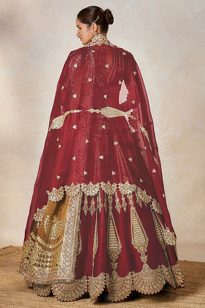 Wine Heavy Raw Silk Motif Embroidered Bridal Lehenga Set by Masaba at Pernia's Pop Up Shop