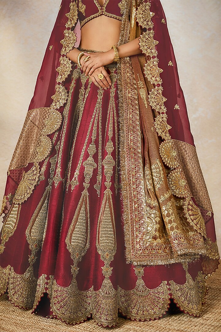 Wine Heavy Raw Silk Motif Embroidered Bridal Lehenga Set by Masaba at Pernia's Pop Up Shop