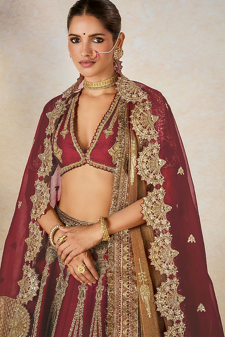 Wine Heavy Raw Silk Motif Embroidered Bridal Lehenga Set by Masaba at Pernia's Pop Up Shop