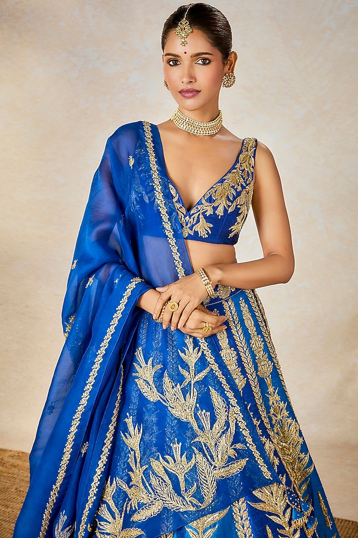 Navy Blue Heavy Raw Silk Zardosi Embroidered Bridal Lehenga Set by Masaba at Pernia's Pop Up Shop