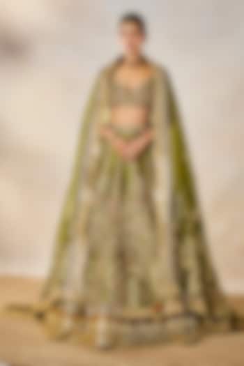 Mehendi Green Raw Silk Sequins Embellished Bridal Lehenga Set by Masaba at Pernia's Pop Up Shop