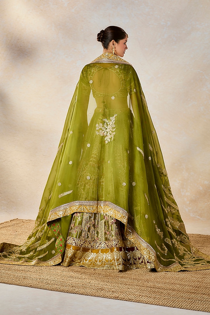 Mehendi Green Raw Silk Sequins Embellished Bridal Lehenga Set by Masaba at Pernia's Pop Up Shop