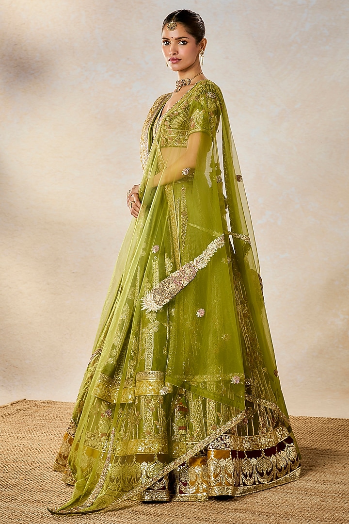 Mehendi Green Raw Silk Sequins Embellished Bridal Lehenga Set by Masaba at Pernia's Pop Up Shop
