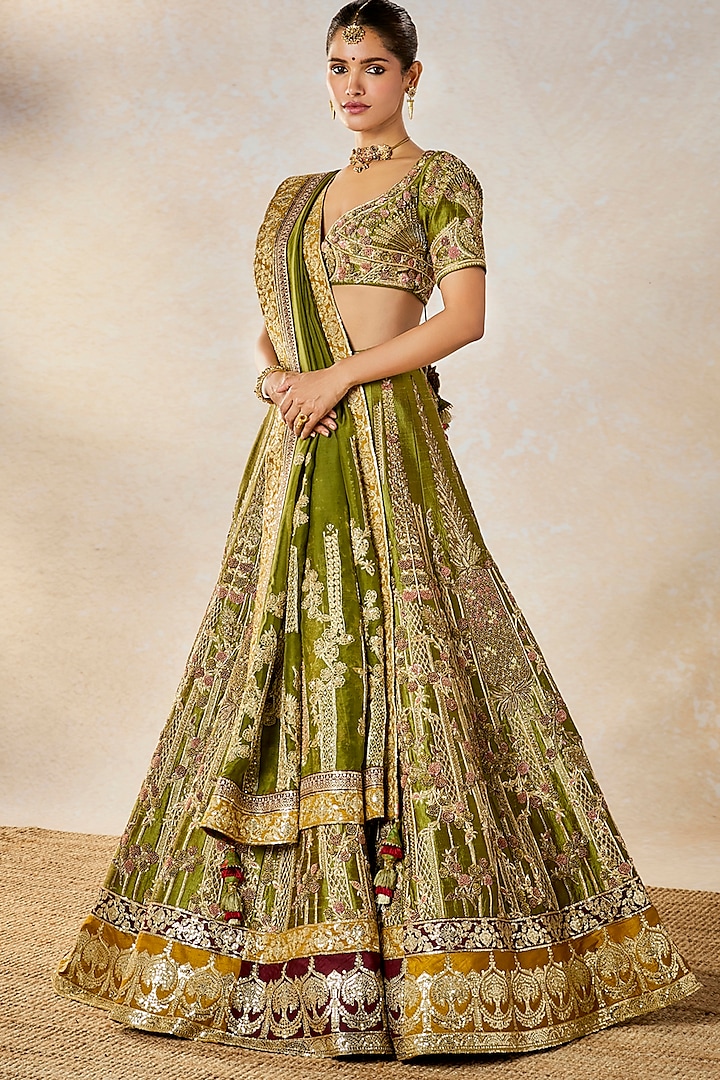 Mehendi Green Raw Silk Sequins Embellished Bridal Lehenga Set by Masaba at Pernia's Pop Up Shop