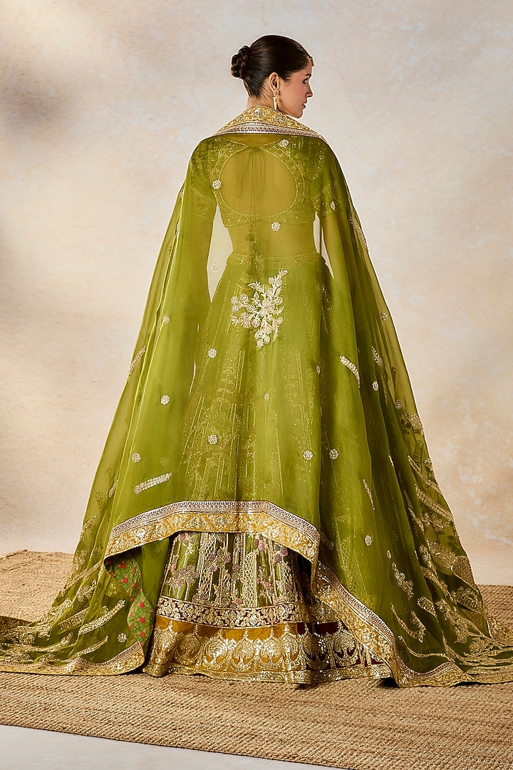 Mehendi Green Raw Silk Sequins Embellished Bridal Lehenga Set by Masaba at Pernia's Pop Up Shop