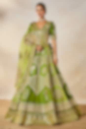 Green Heavy Raw Silk Jaal Work Bridal Lehenga Set by Masaba at Pernia's Pop Up Shop