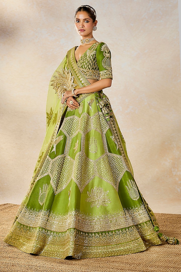 Green Heavy Raw Silk Jaal Work Bridal Lehenga Set by Masaba at Pernia's Pop Up Shop