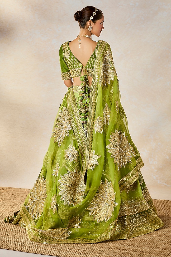 Green Heavy Raw Silk Jaal Work Bridal Lehenga Set by Masaba at Pernia's Pop Up Shop
