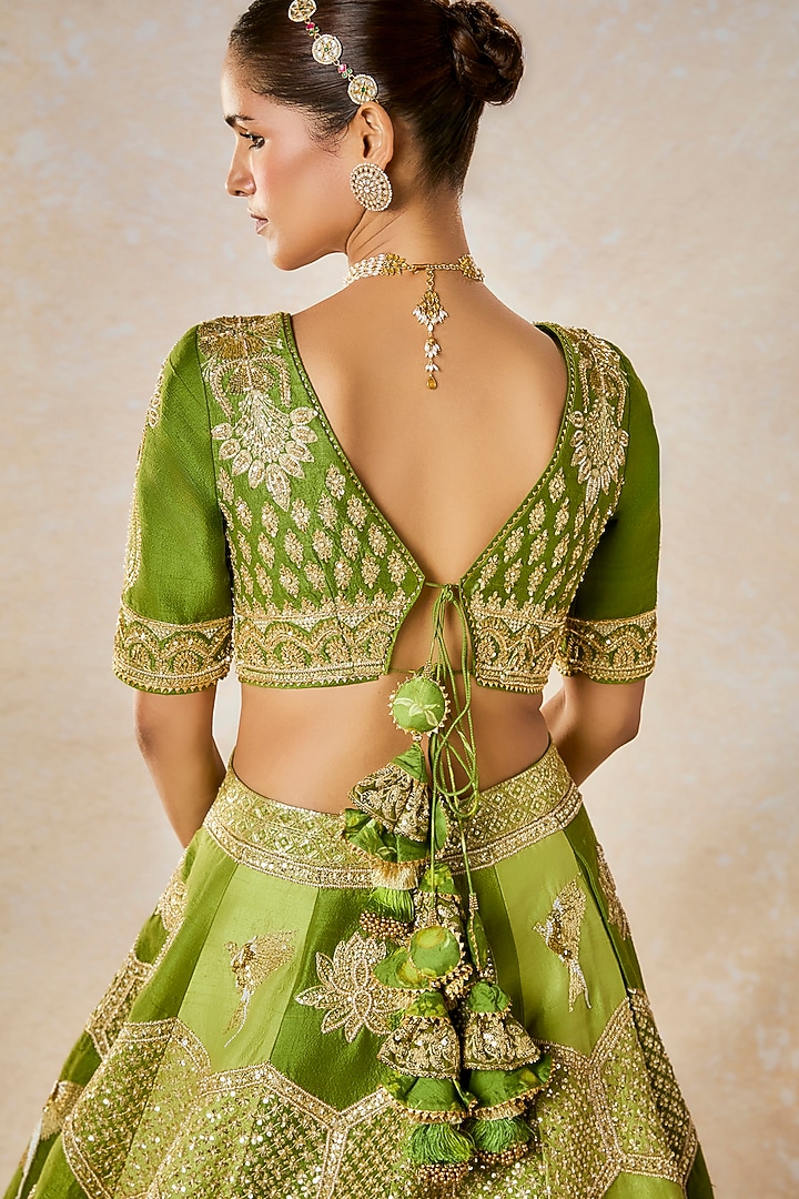 Green Heavy Raw Silk Jaal Work Bridal Lehenga Set by Masaba at Pernia's Pop Up Shop
