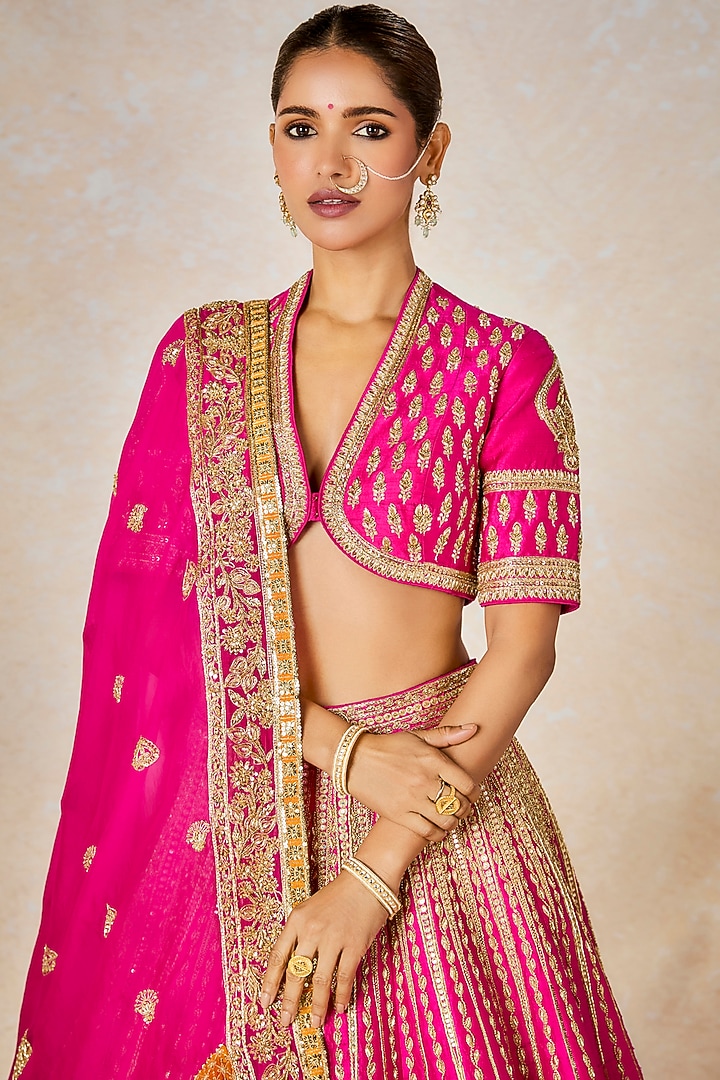 Hot Pink Heavy Raw Silk Sitara Embroidered Bridal Lehenga Set by Masaba at Pernia's Pop Up Shop
