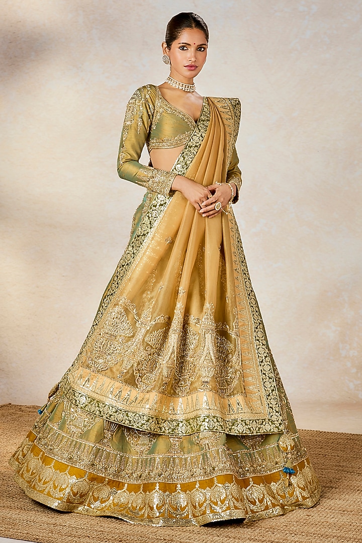 Blue-Gold Doop Chav Heavy Raw Silk Zardosi Embroidered Bridal Lehenga Set by Masaba at Pernia's Pop Up Shop