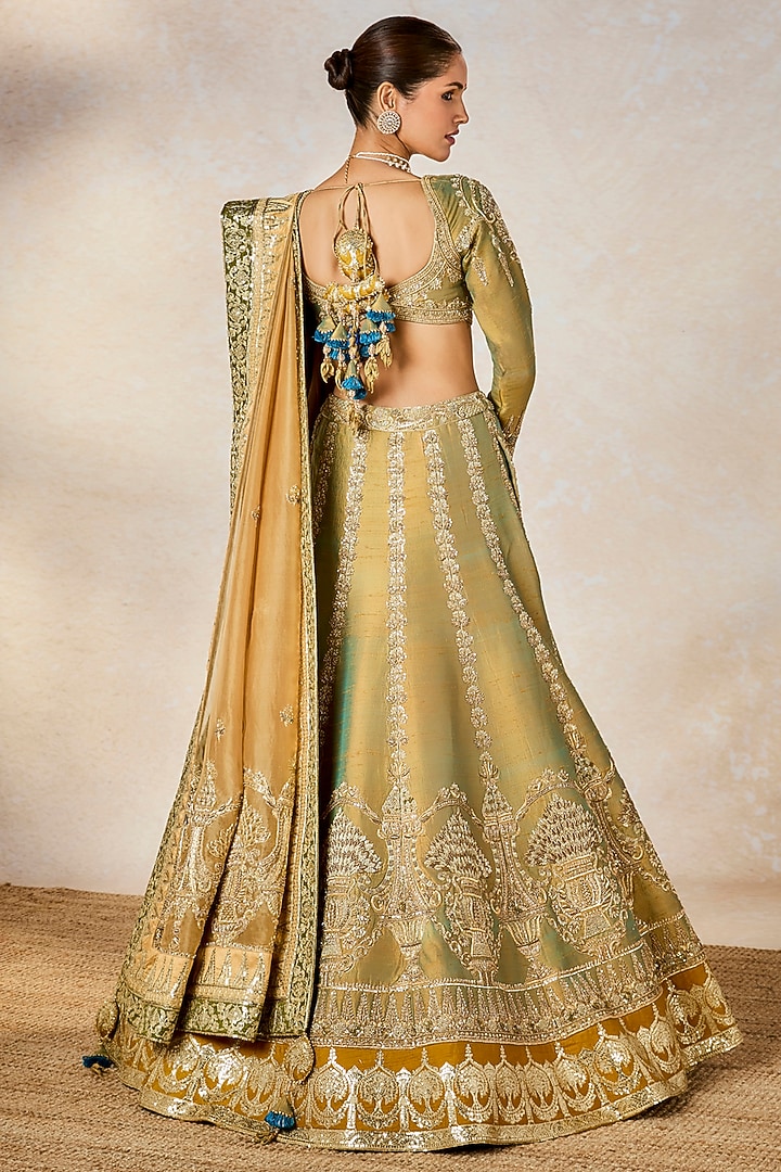 Blue-Gold Doop Chav Heavy Raw Silk Zardosi Embroidered Bridal Lehenga Set by Masaba at Pernia's Pop Up Shop