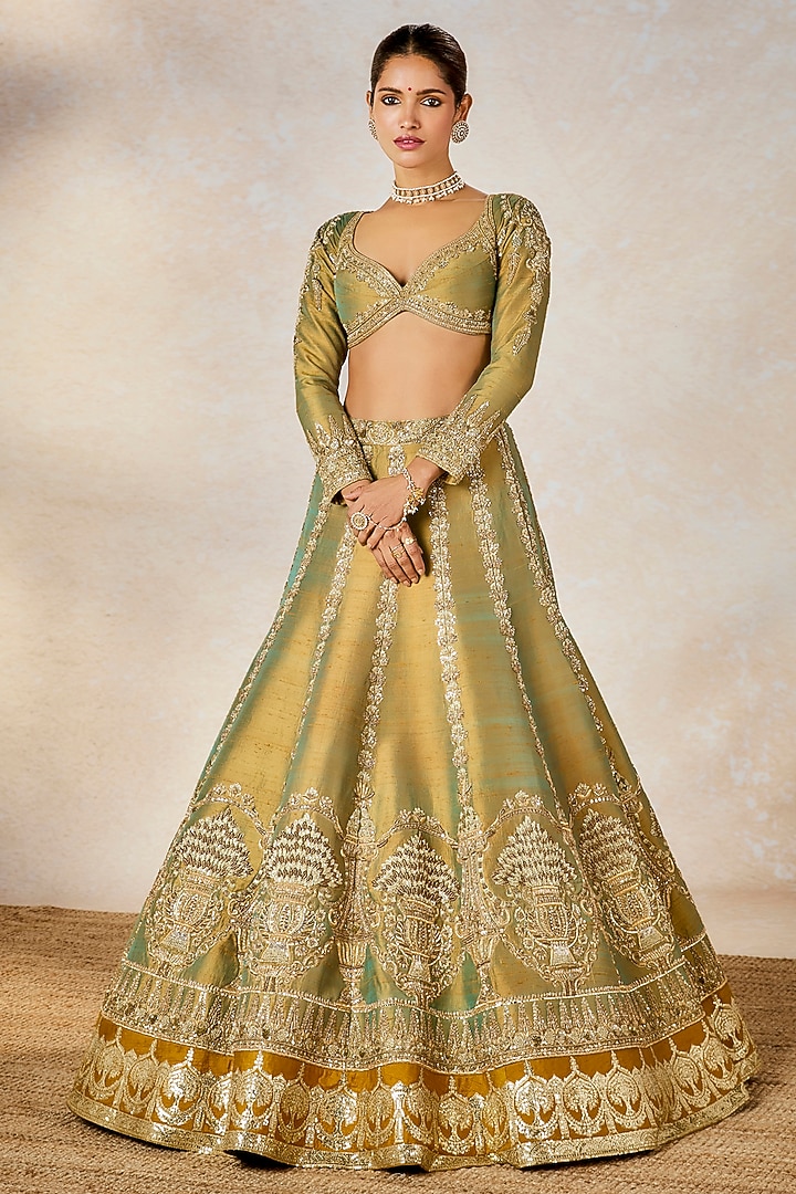Blue-Gold Doop Chav Heavy Raw Silk Zardosi Embroidered Bridal Lehenga Set by Masaba at Pernia's Pop Up Shop