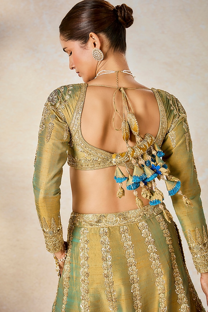 Blue-Gold Doop Chav Heavy Raw Silk Zardosi Embroidered Bridal Lehenga Set by Masaba at Pernia's Pop Up Shop