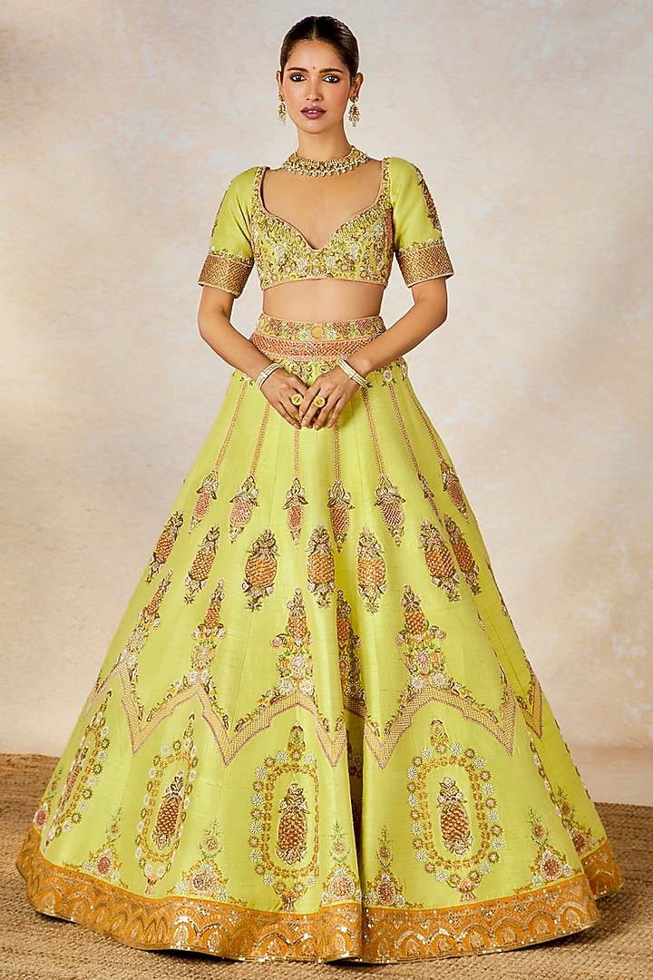 Lime Green Heavy Raw Silk Sitara Embroidered Bridal Lehenga Set by Masaba at Pernia's Pop Up Shop
