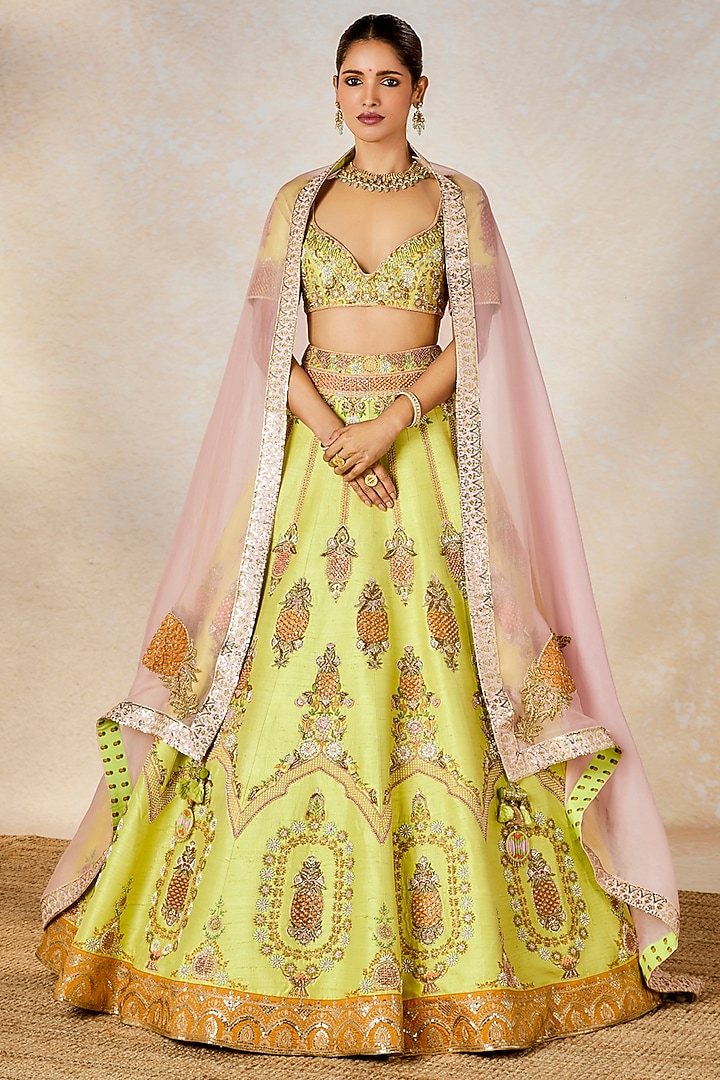 Lime Green Heavy Raw Silk Sitara Embroidered Bridal Lehenga Set by Masaba at Pernia's Pop Up Shop