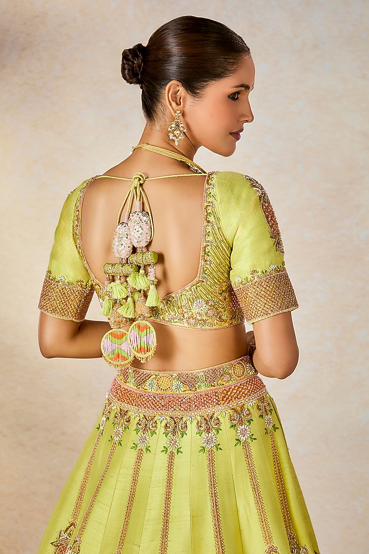 Lime Green Heavy Raw Silk Sitara Embroidered Bridal Lehenga Set by Masaba at Pernia's Pop Up Shop