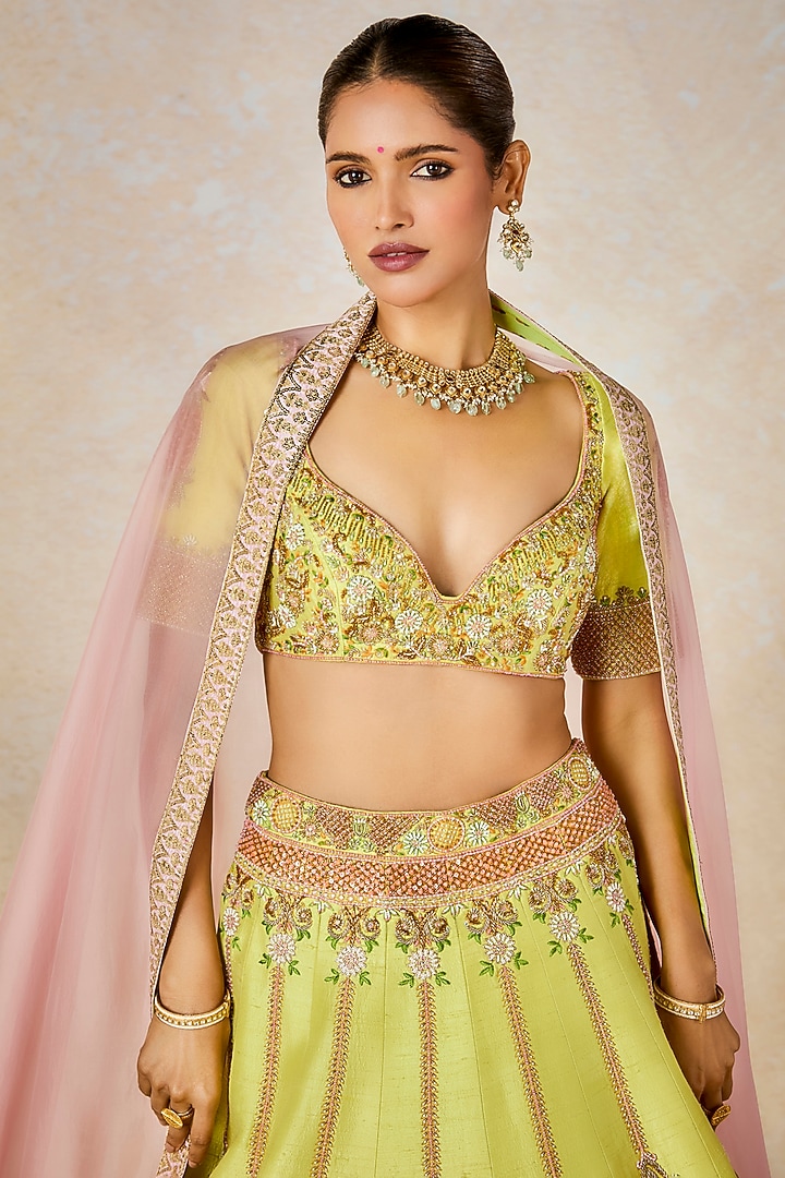 Lime Green Heavy Raw Silk Sitara Embroidered Bridal Lehenga Set by Masaba at Pernia's Pop Up Shop