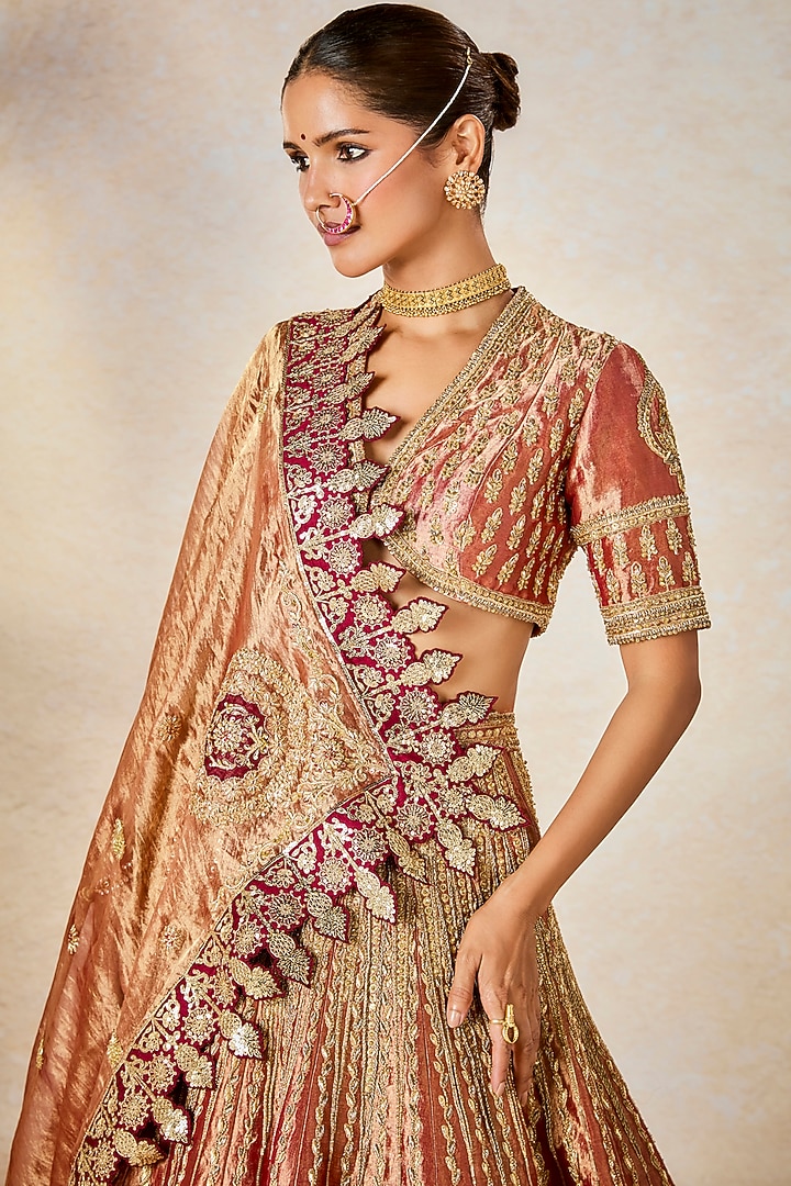 Rust Heavy Raw Silk & Tissue Motif Work Bridal Lehenga Set by Masaba at Pernia's Pop Up Shop