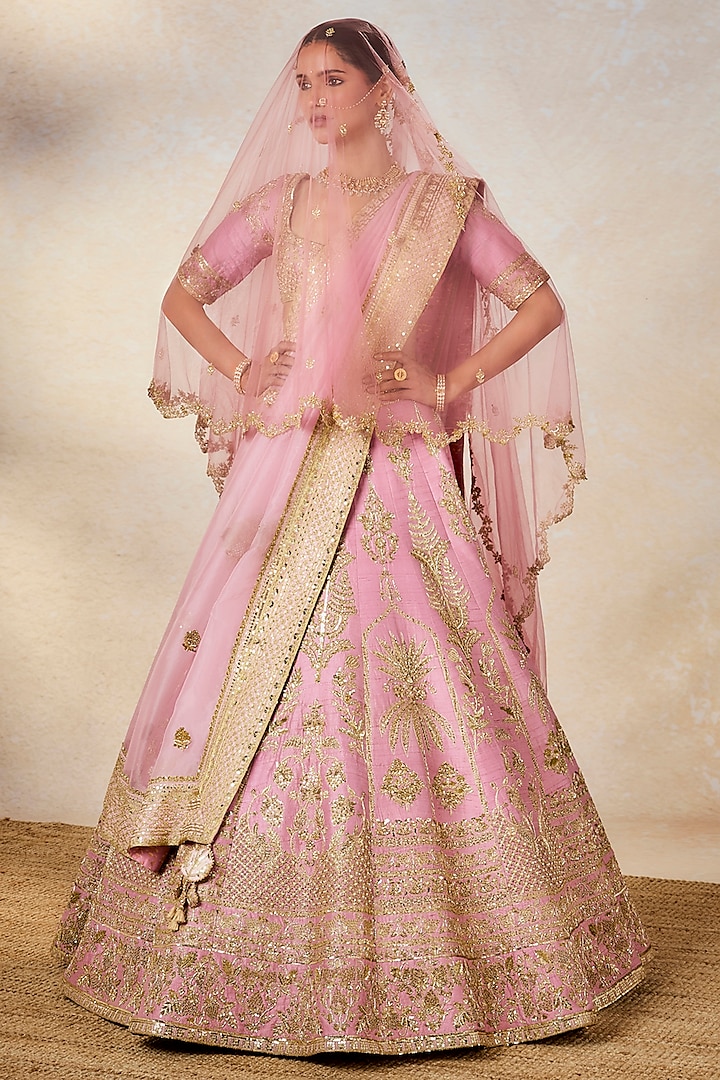 Onion Pink Heavy Raw Silk Zardosi Embroidered Bridal Lehenga Set by Masaba at Pernia's Pop Up Shop