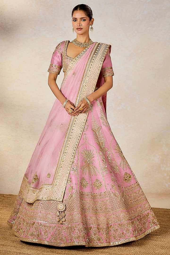 Onion Pink Heavy Raw Silk Zardosi Embroidered Bridal Lehenga Set by Masaba at Pernia's Pop Up Shop