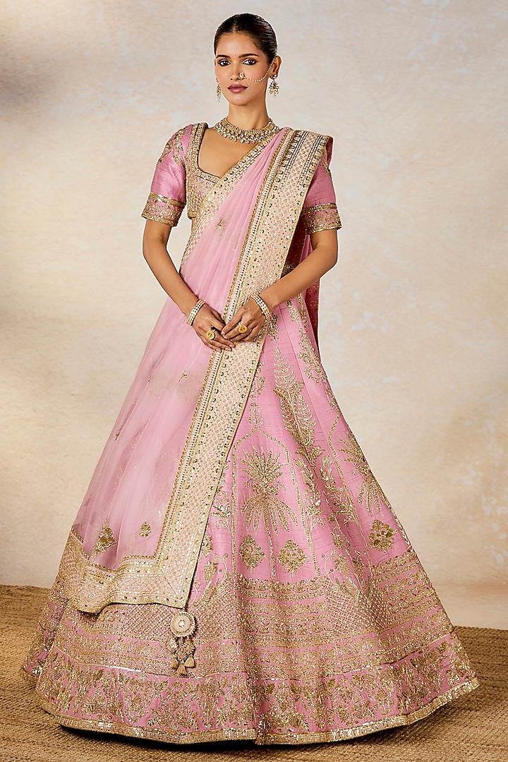 Onion Pink Heavy Raw Silk Zardosi Embroidered Bridal Lehenga Set by Masaba at Pernia's Pop Up Shop