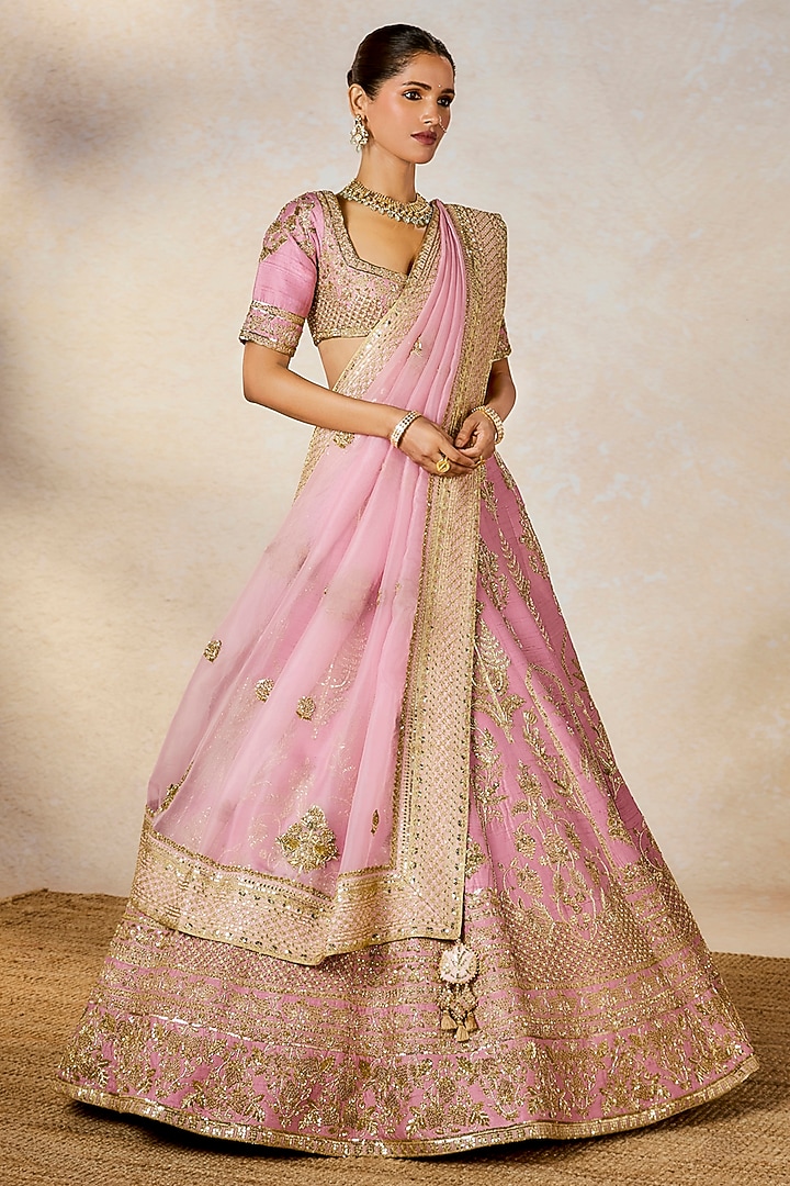 Onion Pink Heavy Raw Silk Zardosi Embroidered Bridal Lehenga Set by Masaba at Pernia's Pop Up Shop