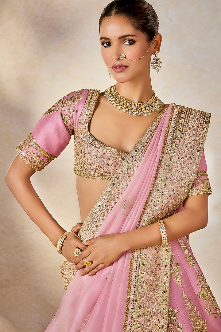 Onion Pink Heavy Raw Silk Zardosi Embroidered Bridal Lehenga Set by Masaba at Pernia's Pop Up Shop