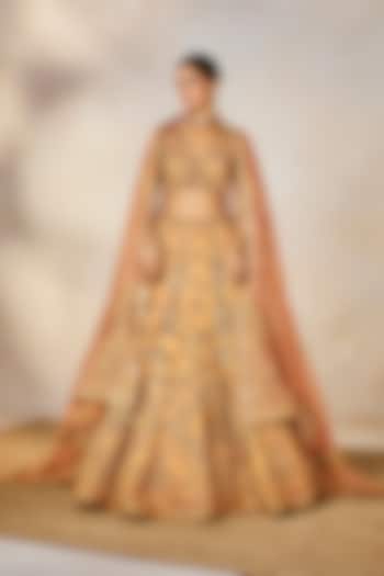 Peach Heavy Raw Silk & Tissue Motif Work Bridal Lehenga Set by Masaba at Pernia's Pop Up Shop