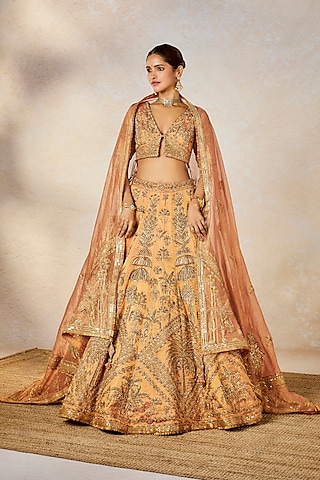 Peach Heavy Raw Silk & Tissue Motif Work Lehenga Set by Masaba