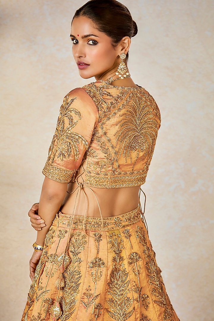 Peach Heavy Raw Silk & Tissue Motif Work Bridal Lehenga Set by Masaba at Pernia's Pop Up Shop